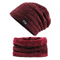 Theoylos Men's 2-Pieces Winter Beanie Hat Scarf Set Warm Knit Hat Men Thick Fleece Lined Skull Cap Windproof Ski Cap Red