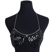 ieasysexy Delicate Accessories Chest Chain Jewelry Vintage Bra Necklace Exaggerated Personality Sequins Leaf Bra Chain (Black)