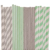Biodegradable Paper Straws Mix, Mint Green Grey, Striped Chevron (50)