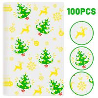 Whaline 100 Pcs Christmas Cellophane Bags with 100 Gold Twist Ties, Xmas Clear Candy Cookie Treat Bags for Christmas Party Supplies (Christmas Tree)