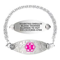 Divoti Custom Engraved Medical Alert Bracelets for Women, Stainless Steel Medical Bracelet, Medical ID Bracelet w/Free Engraving – Lovely Filigree Tag w/Handmade Byzantine-Violet-8.0"
