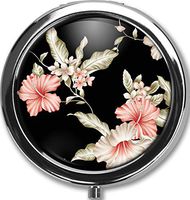 Flower Pattern Custom Round Black Pill Case Pocket 2.1 inches Medicine Tablet Holder Organizer Case for Purse/Three-Compartment Pill Box/Black Pill Case