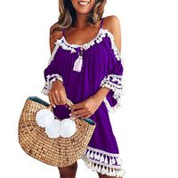 TWGONE Tassel Dress Women Summer Off Shoulder Short Cocktail Party Beach Sundress (Small,Purple)