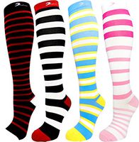 4 Pair Graduated Compression Socks 15-20 mmHg Guaranteed to Fit Wide Calves and Larger Sizes. For Travel, Knee-High, Mens & Womens Comfort Blend. Stylish Knee-High Designs. Multi-color Stripe. L/XL