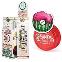 25 Packs (50 Total Wraps) Blazing Cherry Flavor Organic Hemp Wraps with Filter Tip + Beamer 3-Piece 63mm Acrylic Grinder with Storage Compartment + Beamer Smoke Sticker
