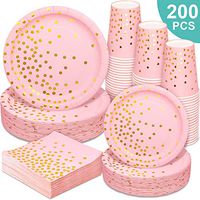 Pink and Gold Party Supplies - 200PCS Pink Paper Plates Disposable Dinnerware Set Gold Dot Dinner/Dessert Plates Cups Cocktail Napkins for Baby Shower Birthday Wedding Valentine Hawaii, Serve for 50