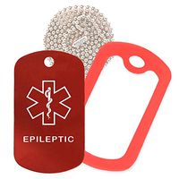 Epileptic Medical Alert ID Necklace with Red Tag, Red Silencer, and 30'' USA Chain - 154 Color Choices