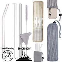 XTRAW Premium Reusable Glass Drinking Straws with Carrying Case and Protective Pouch Bag, Set of 3 With Protective Straw Stand, Cleaning Brush and Cloth, Wheat Straw Travel Case, Smoothie, 9 inch
