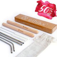 Stainless Steel Reusable Straws With Case By ethikx - Includes 4 Straws + 2 Handcrafted Wooden Travel Cases + 2 Cotton Cleaning Brushes + Recycled Cotton Pouch, 8.5 inch