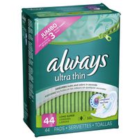 Always Ultra Thin Feminine Pads with Wings, Long/Super, Unscented, 44 Count - Pack of 2 (88 Total Count)