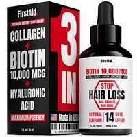 Biotin 10000 mcg - Hair Growth Vitamins - Includes Collagen and Hyaluronic Acid (3-in-1) - US Made - Organic and Natural Skin and Nails Vitamins - Liquid Oil Drops Against Hair Loss