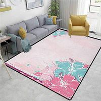 YucouHome Flower Natural Fiber Area Rug for Baby Nursery, Bouquet of Hibiscus Florets Exotic Nature Watercolor Style Artwork, Easy Maintenance Area Rug Living Room Bedroom Carpet(2.5'x 7')