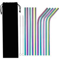 Hestya 10 Pieces Reusable Metal Drinking Straws, Stainless Steel Straws with 2 Pack Cleaning Brushes, Bent and Straight Straws (Rainbow)