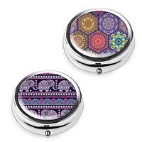 Pill Box Set of 2 - Lizimandu Compact 3 Compartment Medicine Case, Pill Box for Pocket or Purse (Bohemia Elephant)