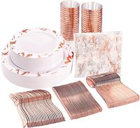 NERVURE 175PCS Rose Gold Marbling Disposable Plastic Plates and Silverware Set：25 Dinner Plates,25 Dessert Plates, 25 Forks,25 Knives, 25 Spoons, 25 Cups,25 Napkins.
