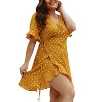 JQjian Womens Fashion Short Sleeve V-Neck Polka Dot Wrap Loose Mini Dress Summer Holiday Dress (2XL, Yellow)