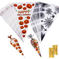 MIAHART 200 Counts Halloween Cone Bags Halloween Clear Cellophane Bags Treat Bags with 200 Pieces Twist Ties for Halloween Party Supplies(Pumpkins and Spider)