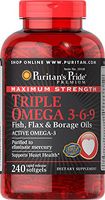 Puritan's Pride Triple Omega 3-6-9 Fish, Flax, and Borage Oils, Omega Fatty Acid Supplement, Purified to Eliminate Mercury, Supports Heart Health, 240 Rapid Release Softgels