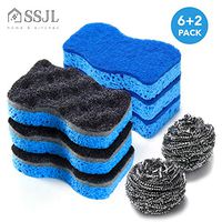SSJL Multi-Use & Non-Scratch Kitchen Sponges with 2 Stainless Steel Wool - Natural Sponges Kitchen Dish Sponge Dual-Sided Cellulose Scrubber - Effortless Cleaning Eco Scrub Pads for Dishes (6 Pack)