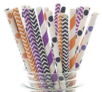 Halloween Straws, Orange, Black & Purple Straws, Halloween Party Supplies, Paper Straws (25 Pack) - Trick or Treat Spooky Halloween Candy Stripe Color Straws