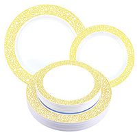 Perfect Settings 50 Piece (25 Settings) Elegant China Wedding Plastic Plates (25 x 10" Dinner / 25 x 7.5" Salad) Superior Disposable Dinnerware Set Heavy Duty Combo Party Plates (Gold Bubbles, 50)