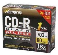 Memorex 700MB/80-Minute 40x Music CD-R Media (Black, 10-Pack with Slim Jewel Cases)