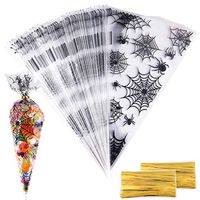 MIAHART 200 Counts Halloween Cone Bags Halloween Clear Cellophane Bags Treat Bags with 200 Pieces Twist Ties for Halloween Party Supplies(Spider)