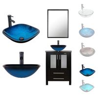 LUCKWIND Bathroom Vanity Vessel Sink Combo - 24 Cabinet Stand Mirror Artistic Glass Round Vessel Sink Faucet Drain ORB Single Storage (2 Door 2 Drawer Single - Espresso - Ocean Blue Glass Vessel)