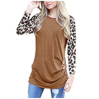 Women's Casual Leopard Print Tunics Tops Blouses Long Sleeve Round Neck T-Shirt Button Irregular Colorblock Sweatshirt