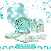 Blue and Gold Party Supplies 260 Pcs, 100 Disposable Plates for Party, 50 Paper Napkins Bulk, 50 Paper Straws, 50 Paper Cups, 10 Party Balloons, Baby Shower Plates, Party Plates and Napkins Set for 50
