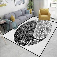 YucouHome Ying Yang Paisley Rug Pads, Flower and Petals Art Themed in Style Cultural Floral, Durable Rugs - Living, Dinning, Office, Rooms & Bedrrom, Hallway Carpet(2'x 6') Black and White