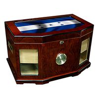 Large Premium Desktop Humidor - Glass Top - Flag of Honduras (Honduran) - Waves Design - 300 Cigar Capacity - Cedar Lined with Two humidifiers & Large Front Mounted Hygrometer.