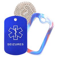 Seizures Medical Alert ID Necklace with Blue Tag, Red/White/Blue Silencer, and 30'' USA Chain - 154 Color Choices