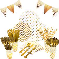 White and Gold Party Supplies Set - Services 24 | Gold Party Plates Baby Shower Plates | Disposable Dinnerware Set Includes Knives Spoons Forks Paper Plates Napkins Cups Banner for Birthday Wedding