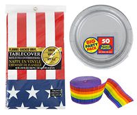Maven Gifts Silver Party Plates with Patriotic Table Cover and Party Rainbow Crepe Streamers