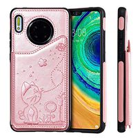 Cfrau Wallet Case with Black Stylus for Huawei Mate 30,Stylish 3D Cat Bee Flower Print PU Leather Soft Bumper Reinforced Drop Resistant Shockproof Stand Card Holder Case,Rose Gold