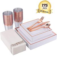 175 Piece Rose Gold Dinnerware Set 25 Guest-50 Square Plastic Plates-25 Rose Gold Plastic Silverware-25 Plastic Cups-25 Linen Like Rose Gold Paper Napkins, FOCUS LINE Disposable Dinnerware Set