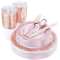 IOOOOO 150 Pcs Rose Gold Plastic Plates & Silverware & Disposable Cups, Laced Design Includes 25 Dinner Plates 10.25", 25 Dessert Plates 7.5", 25 Tumblers, 25 Forks, 25 Knives, 25 Spoons