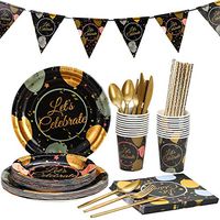 Birthday Celebration Party Supplies Set For Adults – Disposable Dinnerware Kit For 20 Guests – Includes Bronzing Paper Plates, Banner, Knives, Spoons, Forks, Cups and Napkins