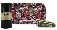RAW Six Shooter Cone Filler, Roor Unbleached King Size Pre Rolled Cones (2 Packs), with Rolling Paper Depot Rolling Tray (Skulls) - 4 Item Bundle