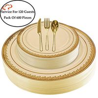 Tiger Chef Plastic Dinnerware 600 Piece Set Service For 120 Guests Includes 120 10.75-inch Dinner Plates 120 7-inch Salad Plates 120 Cutlery Sets Forks, Spoons, And Knives Disposable BPA Free