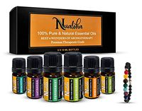 Nualoha Top 6 Aromatherapy Essential Oils Gift Set-100% Pure Natural Bulgarian Lavender, Sweet Orange, TeaTree, Eucalyptus,Lemongrass, Peppermint (6x10ML) With 7 Chakra Lava Stone Diffuser Bracelet
