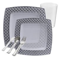 Posh Party Supplies | Clear with Silver Diamond Rim Plastic Dinnerware Package for 20 Guests | Includes Dinner & Dessert Plates, Plastic Tumblers & Cutlery | 120 Piece Total