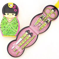 Ecurson 6 Pcs Set Japanese Doll Nail Care Clipper Manicure Pedicure Nail File Eyebrow Clip Ear Spoon Set (Green)