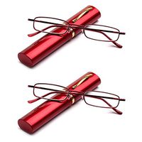 Newbee Fashion -"Pocket" Readers Ultra Compact Spring Temple Reading Glasses w/Portable Pocket Clip Aluminum Case Red +2.00