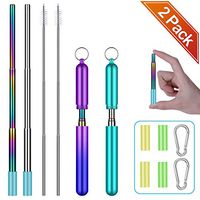 Metal Straws Reusable - Collapsible Travel Portable Stainless Steel Drinking Telescopic Straw with Case & Cleaning Brushes & Keychain, 2 Pack Purple Pink/Turquoise