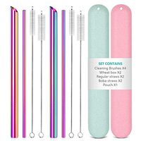 Reusable Metal Stainless Steel Straws: 2 Regular Metal Straws + 2 Metal Boba Straws + 2 Wheat Cases + 4 Cleaning Brushes + 1 Pouch, for Hot and Cold Drinks, Portable for Personal Use, Rainbow