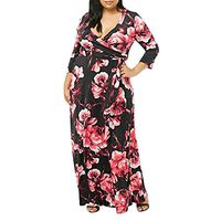 Maxi Dresses for Women, Casual V Neck Plus Size Belt Floral Shirt Print Long Dress Tops Blouse