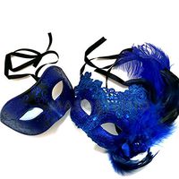 MasqStudio Couples Blue Masquerade Lace Mask Pair Feather Birthday Mardi Gras Carnival Party (Pair for 2 Masks) (Pair for 2 Masks)