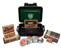 RAW Black Rolling Papers 1 1/4 (6 Packs), Pre Rolled Tips (3 Packs), Roller, Hemp Wick, Magnifier Card with RPD Grinder, Airtight Carrying Case and Smell Proof Pouch - Bundle - 15 Items